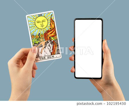 Tarot card The Sun and mobile phone screen mockup for fortune telling application promo, ad Tarot card The Sun and mobile phone screen mockup for fortune telling application promo, ad 102195430
