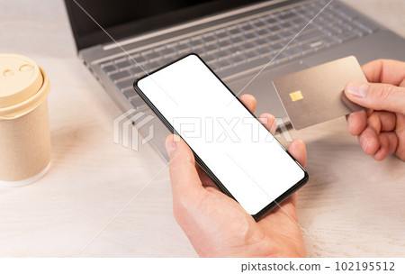 Hand holding mobile phone mock-up, credit card mock-up for paying online. Bank application ad 102195512