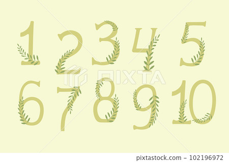Numbers from Zero to Ten with plant branches. Hand drawn vector art. Botanical colors Numbers from Zero to Ten with plant branches. Hand drawn vector art. Botanical colors 102196972