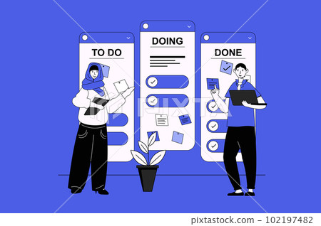 Kanban web concept with character scene in flat design. People using cards with tasks on board for visualizing workflow and works on project. Vector illustration for social media marketing material. 102197482