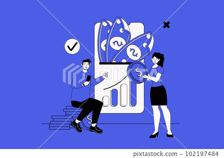 Investing via mobile phone web concept with character scene in flat design. People analyzing trend market for making investments using app. Vector illustration for social media marketing material. Investing via mobile phone web concept with character scene in flat design. People analyzing trend market for making investments using app. Vector illustration for social media marketing material. 102197484