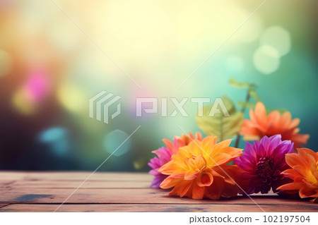 Empty wooden tabletop with colorful flowers background for advertising and presentation. Selective focus on tabletop. Generative AI illustration 102197504