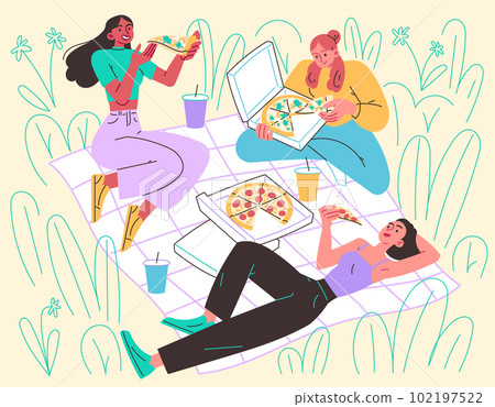 Girls in meadow on blanket eating pizza. Picnic, relaxing in nature Girls in meadow on blanket eating pizza. Picnic, relaxing in nature 102197522