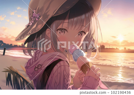 girl eating ice cream by the sea 102198436