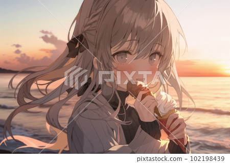 girl eating ice cream by the sea girl eating ice cream by the sea 102198439