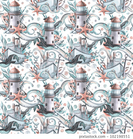 Lighthouses and steamships with whales, shells, waves, algae, starfish, bubbles and anchors. Watercolor illustration. Seamless pattern from the collection of WHALES. For fabric, textiles, wallpaper 102198551