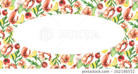 Horizontal oval frame empty template with white background for text, information with shrimp, greens, vegetables and eggs. Watercolor illustration hand drawn. For menus, recipes, cooking 102198552