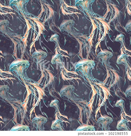 Sea jellyfish floating in the sea, ocean on a dark blue background. Hand drawn watercolor illustration.Seamless pattern for fabric, textile, wallpaper, wrapping paper, scrapbooking. 102198555