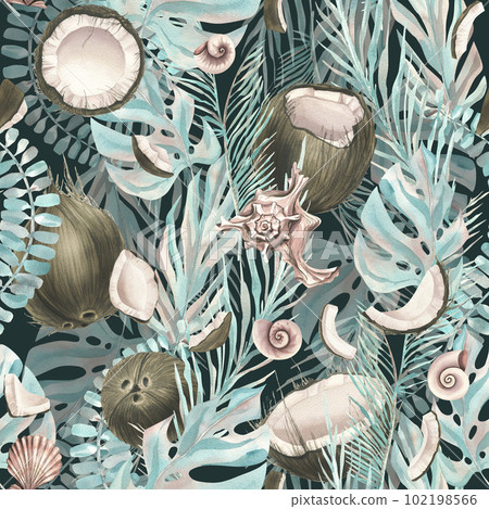 Tropical turquoise leaves with different shapes and pieces of coconut. Watercolor illustration. Seamless pattern from the COCONUT collection. For fabric, textiles, wallpaper, packaging, menus recipes. 102198566