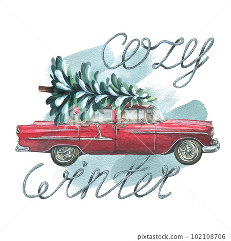 Red retro car with a Christmas tree on the roof and the inscription cozy winter. Watercolor illustration, hand drawn. Isolated composition on a white background. For new year, christmas, winter. Red retro car with a Christmas tree on the roof and the inscription cozy winter. Watercolor illustration, hand drawn. Isolated composition on a white background. For new year, christmas, winter. 102198706