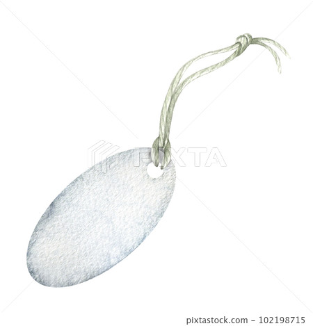 Paper tag oval, white on a rope for a price tag, notes, postcards for flowers, gifts. Watercolor illustration. Isolated object on white background from WEDDING FLOWERS collection. For decoration. 102198715