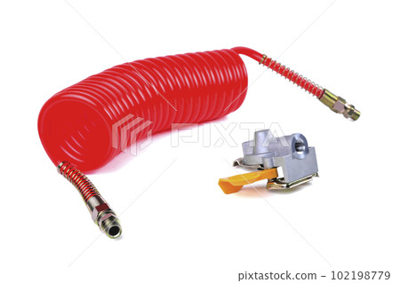 pneumatic hose and connecting head of a PALM truck for supplying compressed air from the tractor to the trailer white background pneumatic hose and connecting head of a PALM truck for supplying compressed air from the tractor to the trailer white background 102198779
