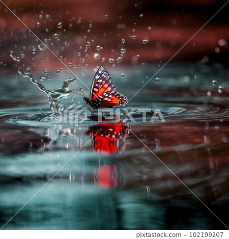 A beautiful red butterfly takes off from the surface of the water, splashes and drops in different directions, beautiful background, unusual wallpaper, natural concept 102199207