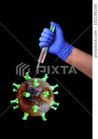 Planet virus, hand with a syringe, the inscription antivirus, pandemic coronovirus covid 19, black background Planet virus, hand with a syringe, the inscription antivirus, pandemic coronovirus covid 19, black background 102199209