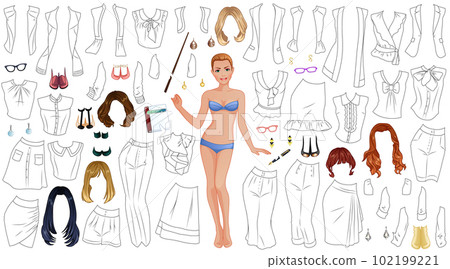 Teacher Coloring Paper Doll with Outfits, Hairstyles and Accessories. Vector Illustration Teacher Coloring Paper Doll with Outfits, Hairstyles and Accessories. Vector Illustration 102199221
