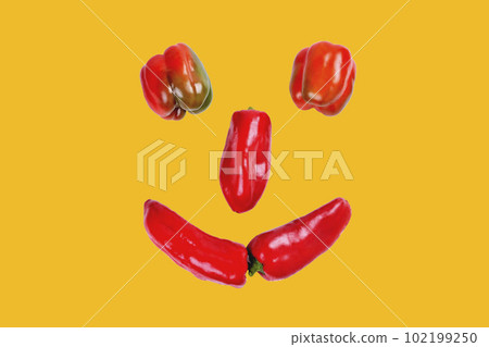 sweet pepper, smil laid out of red sweet pepper, funny face of red pepper on a yellow background sweet pepper, smil laid out of red sweet pepper, funny face of red pepper on a yellow background 102199250