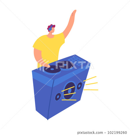 Cartoon Color Character Dj Guy Mixing Music Party or Discotheque Concept Flat Design Style. Vector illustration Cartoon Color Character Dj Guy Mixing Music Party or Discotheque Concept Flat Design Style. Vector illustration 102199260