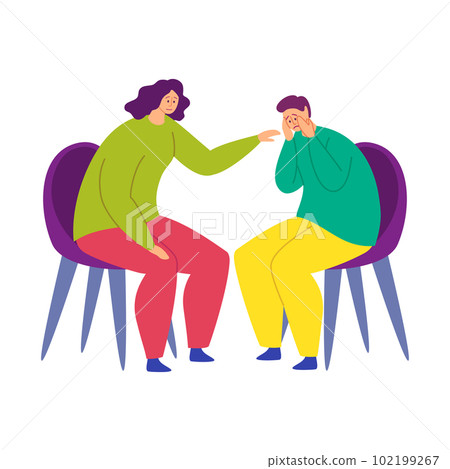 Cartoon Color Characters People Comforting Each Other Concept Flat Design Style. Vector illustration of Girl Helps Guy 102199267