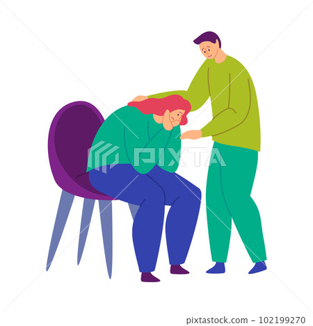 Cartoon Color Characters People Comforting Each Other Concept Flat Design Style. Vector illustration of Guy Supports Girl Cartoon Color Characters People Comforting Each Other Concept Flat Design Style. Vector illustration of Guy Supports Girl 102199270