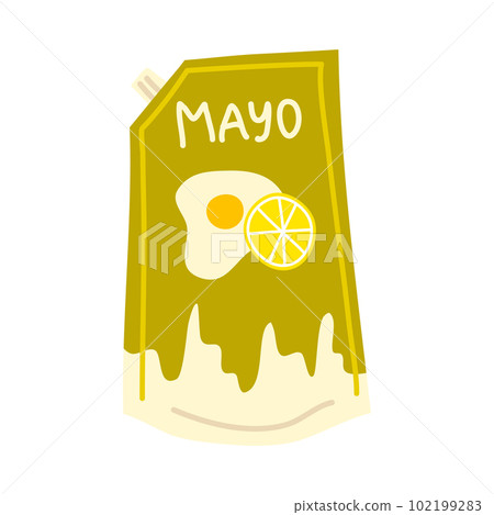 Cartoon Color Mayonnaise Sauce Doypack Packing Concept Flat Design Style. Vector illustration of Mayo Pack 102199283