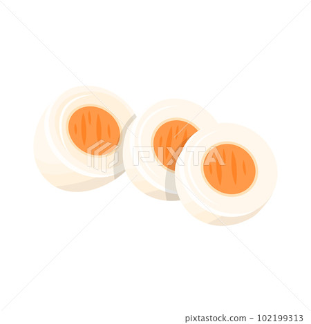 Cartoon Color Sliced Boiled Chicken Eggs Protein Product Concept Flat Design Style . Vector illustration of Cutting White and Yolk Cartoon Color Sliced Boiled Chicken Eggs Protein Product Concept Flat Design Style . Vector illustration of Cutting White and Yolk 102199313