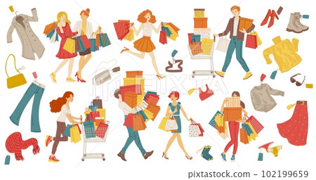 Characters and items for sale or shopaholism, flat vector illustration isolated. Characters and items for sale or shopaholism, flat vector illustration isolated. 102199659