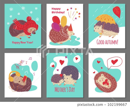 Set of greeting cards with hedgehogs flat style, vector illustration 102199667