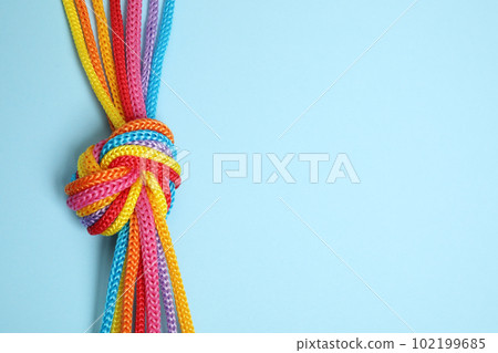 Top view of colorful ropes tied together on light blue background, space for text. Unity concept 102199685