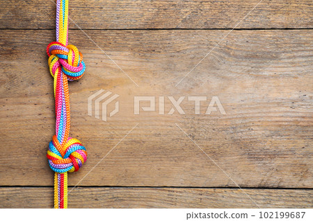 Top view of colorful ropes tied together on wooden background, space for text. Unity concept 102199687