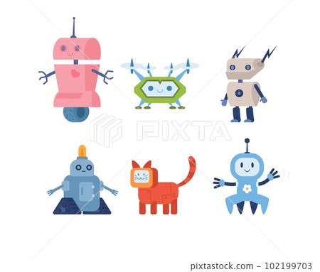 Set of cute childish smart robots different forms flat style 102199703