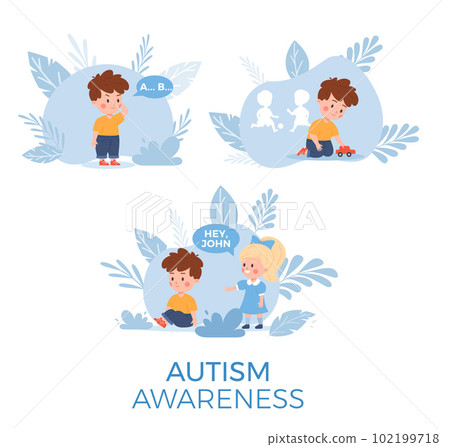 Autism awareness concept, boy with symptoms of autism spectrum disorder - flat vector illustration isolated on white. Autism awareness concept, boy with symptoms of autism spectrum disorder - flat vector illustration isolated on white. 102199718