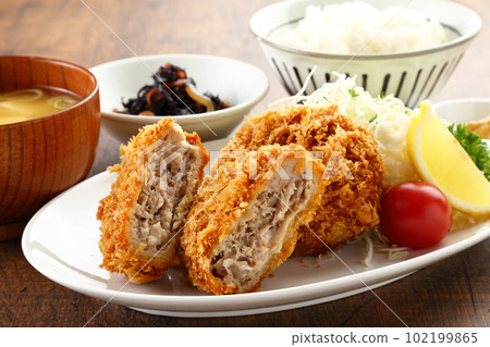 Minced meat cutlet set meal close-up 102199865