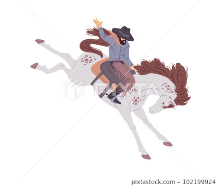 Cowboy pacifies a wild horse or bronco, flat vector illustration isolated. Cowboy pacifies a wild horse or bronco, flat vector illustration isolated. 102199924