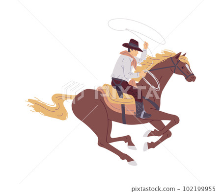 Cowboy with lasso gallops on horse flat vector illustration isolated on white. 102199955