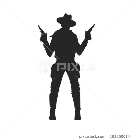 Cowboy holding two guns, black silhouette - flat vector illustration isolated on white background. 102200014