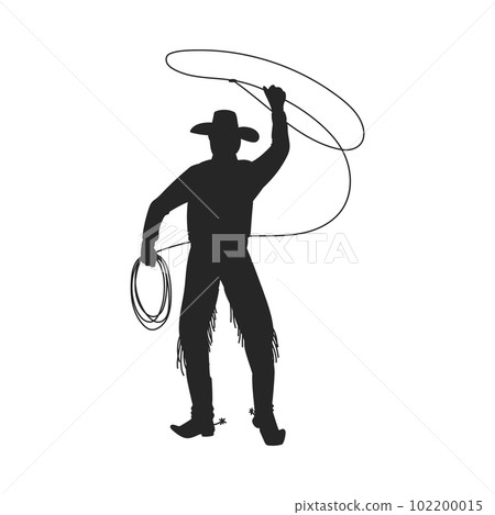 Cowboy brandishing a lasso, contour silhouette vector illustration on white. 102200015