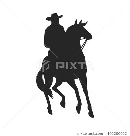 Silhouette of cowboy or ranger in hat riding horse, vector illustration isolated. 102200022