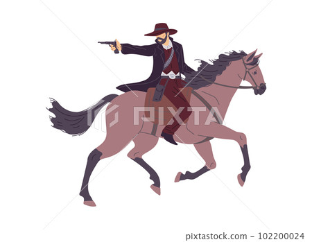 Cowboy or ranger shooting back from enemies on horseback, flat vector isolated. 102200024
