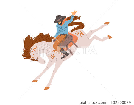 Cool cowboy riding horse, flat vector illustration isolated on white background. 102200029