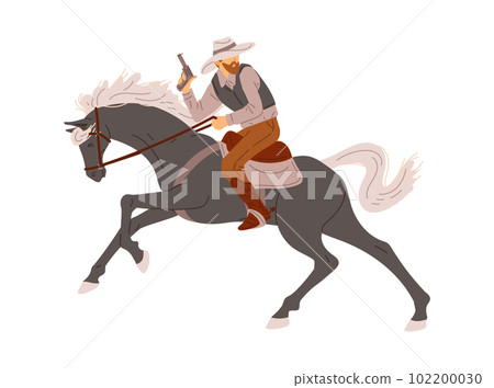 Dangerous cowboy with gun on horse, cartoon flat vector illustration isolated on white background. 102200030