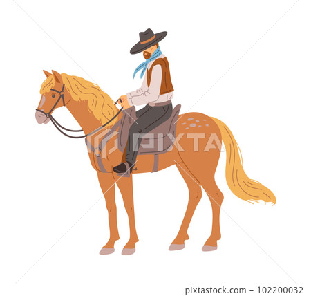 Cowboy riding horse, cartoon flat vector illustration isolated on white background. Cowboy riding horse, cartoon flat vector illustration isolated on white background. 102200032