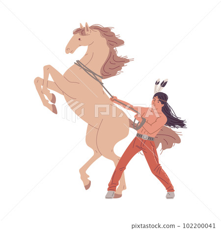 American Indian man trying keep rearing horse flat style American Indian man trying keep rearing horse flat style 102200041