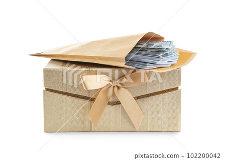 Envelope with dollar bills and gift box isolated on white Envelope with dollar bills and gift box isolated on white 102200042