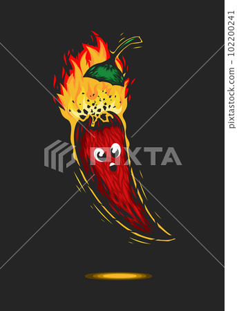 Red chili pepper character with fire explosion. Burning spicy mexican ingredient. Red chili pepper character with fire explosion. Burning spicy mexican ingredient. 102200241