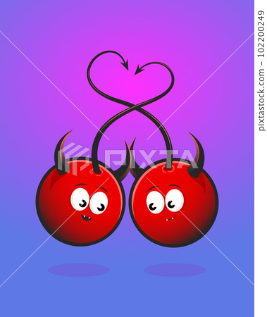 Cherries characters. Two cartoon devil cherries illustration. Cherries characters. Two cartoon devil cherries illustration. 102200249