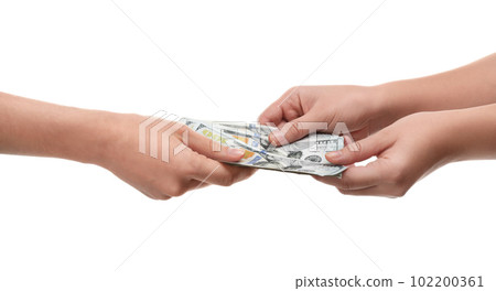 Woman giving money on white background, closeup Woman giving money on white background, closeup 102200361