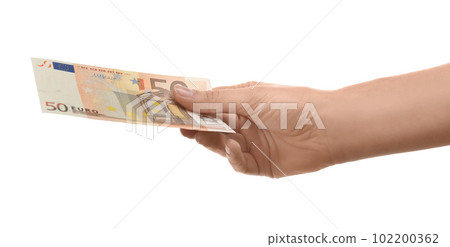 Woman with euro banknote on white background, closeup. Money and finance Woman with euro banknote on white background, closeup. Money and finance 102200362