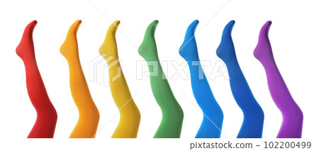 Collage of women wearing different colorful tights on white background, closeup. Banner design Collage of women wearing different colorful tights on white background, closeup. Banner design 102200499
