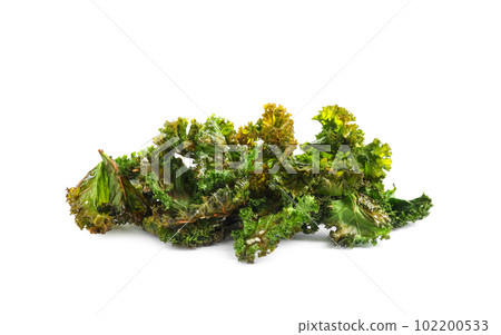 Tasty baked kale chips isolated on white 102200533