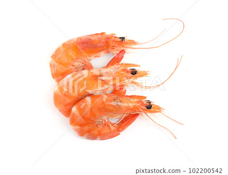 Delicious cooked shrimps isolated on white, top view 102200542